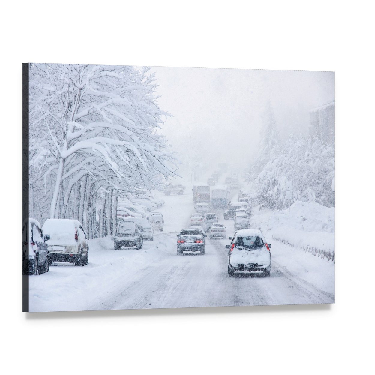 Snowy Road Traffic Jam Canvas Wall Art, single panel gallery wrapped canvas, angled product view