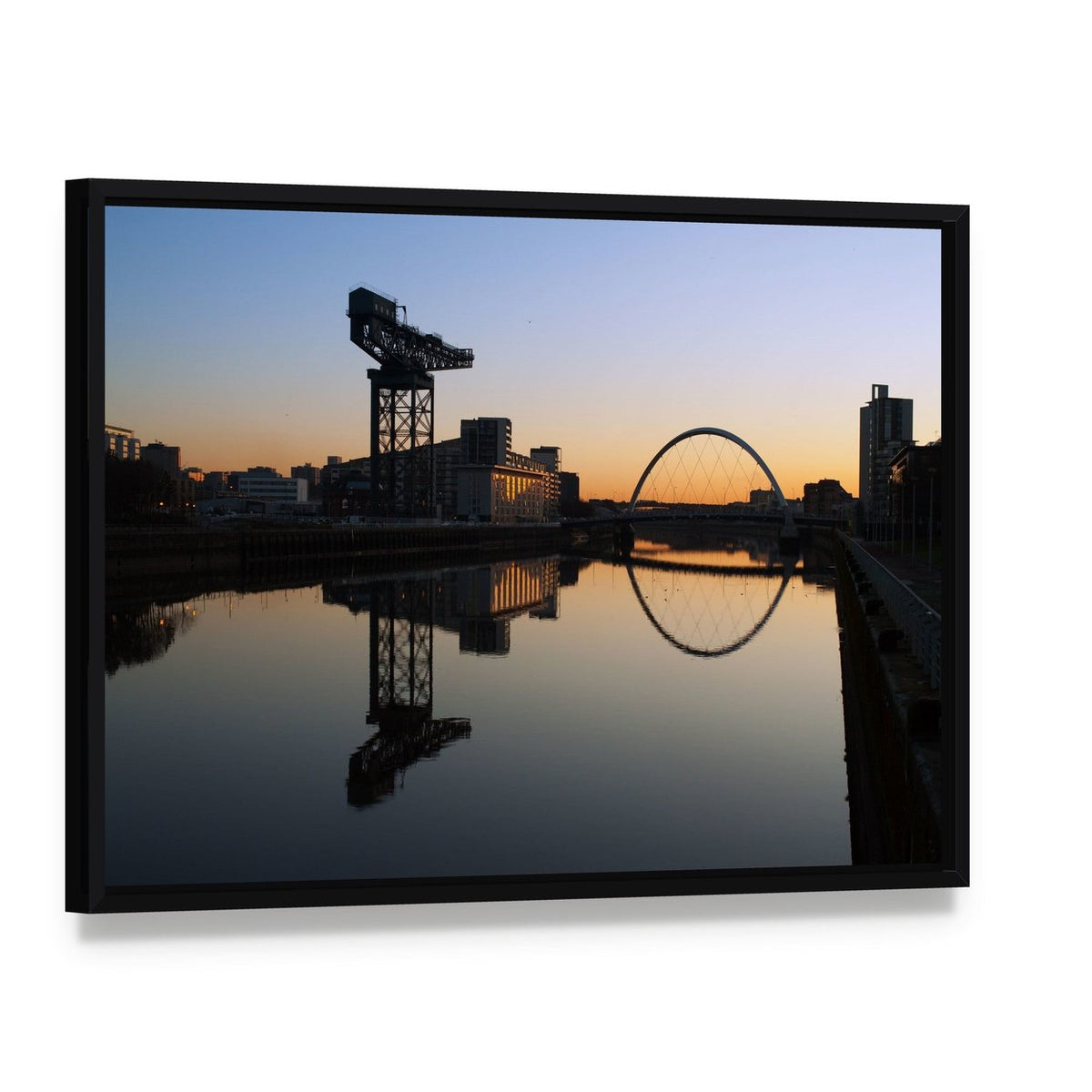 Finneston Crane and Clyde Arc Sunset Canvas Wall Art, framed canvas in a black floater frame, angled product view