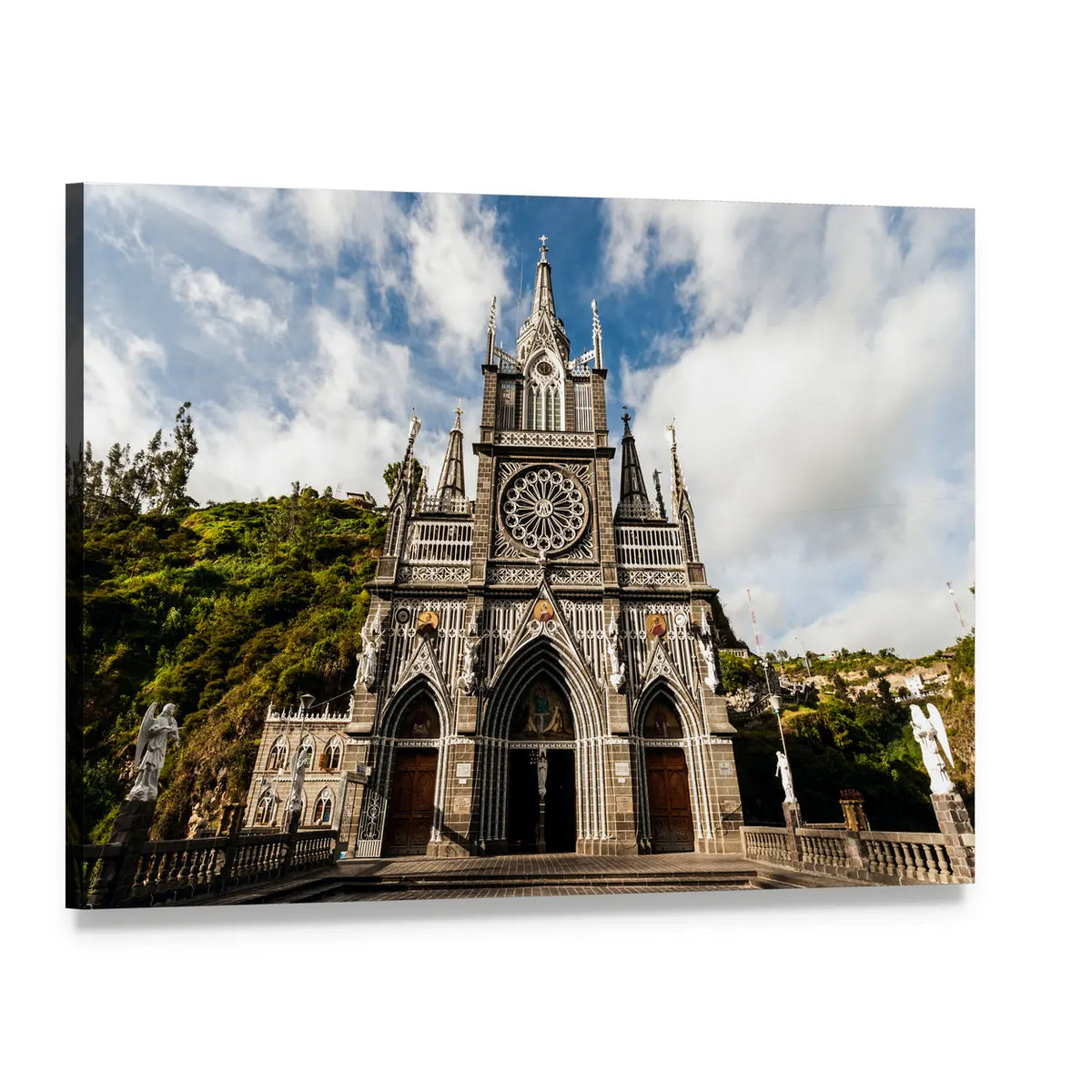 Las Lajas Sanctuary Stone Gothic Church Canvas Wall Art, single panel gallery wrapped canvas, angled product view