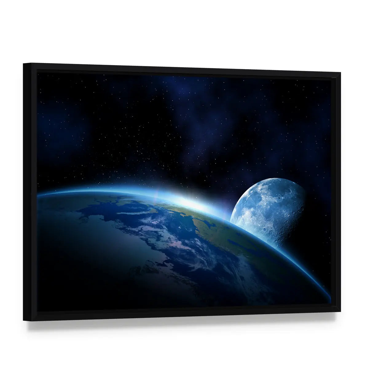 Earth and Moon at Sunrise Canvas Wall Art, framed canvas in a black floater frame, angled product view