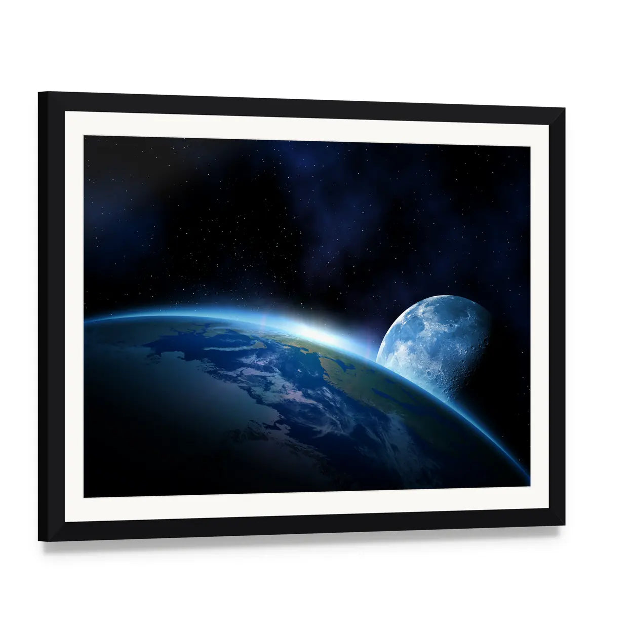 Earth and Moon at Sunrise Canvas Wall Art, framed print with white mat and black frame, angled product view