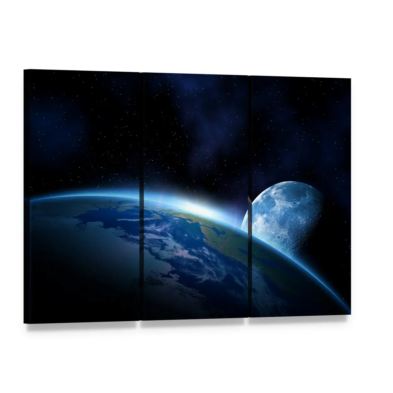 Earth and Moon at Sunrise Canvas Wall Art, 3 panel 3 Horizontal layout gallery wrapped canvas set, angled product view