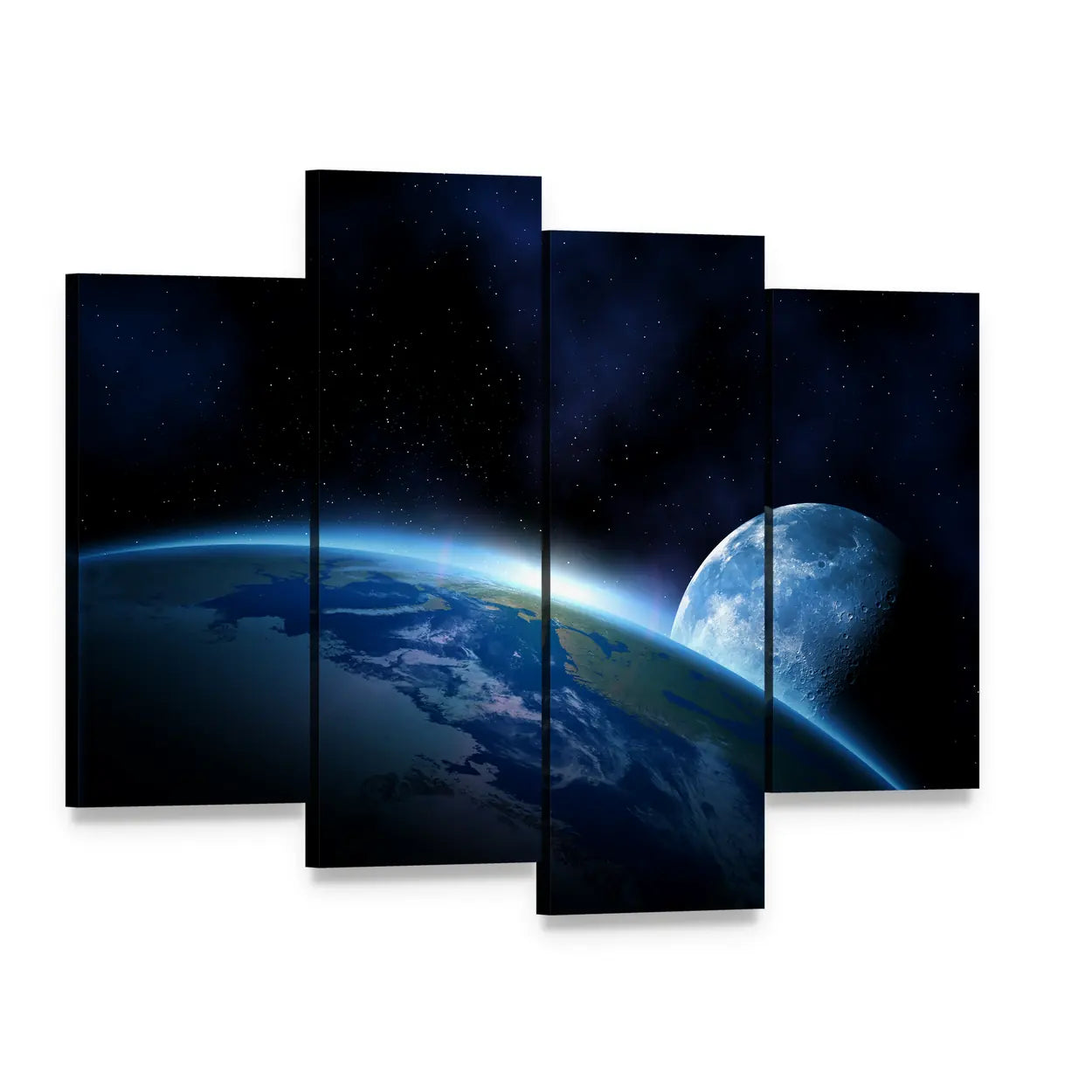 Earth and Moon at Sunrise Canvas Wall Art, 4 panel 4 Pop layout gallery wrapped canvas set, angled product view