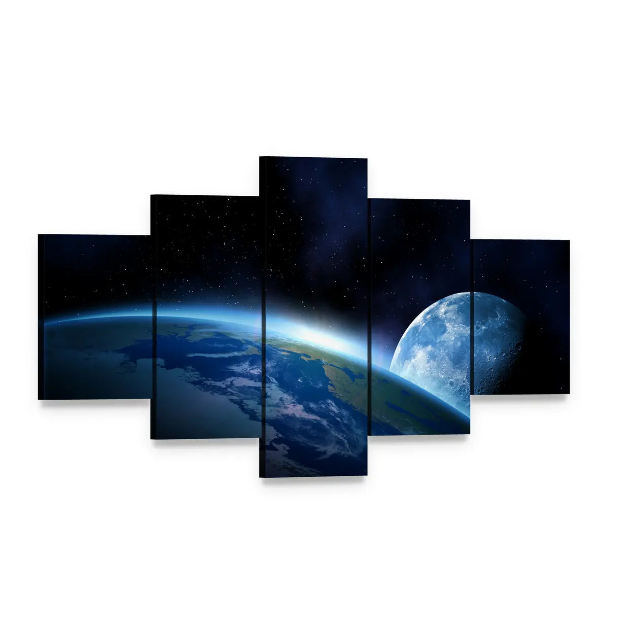 Earth and Moon at Sunrise Canvas Wall Art, 5 panel 5 Star layout gallery wrapped canvas set, angled product view