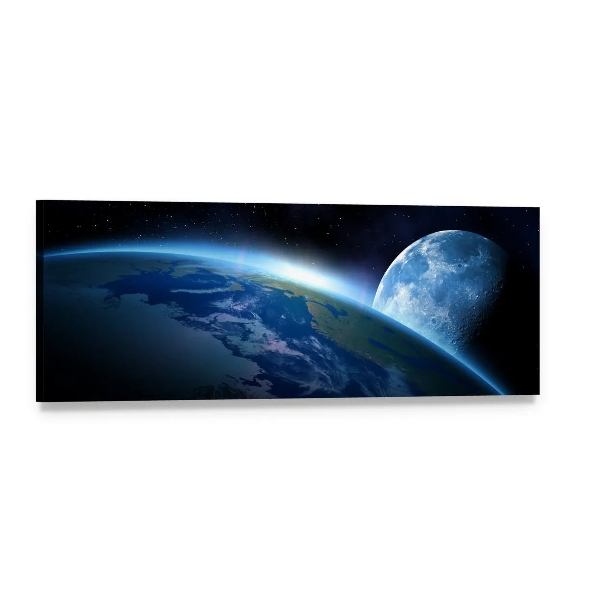 Earth and Moon at Sunrise Panoramic Canvas Wall Art, single panel gallery wrapped canvas, angled product view