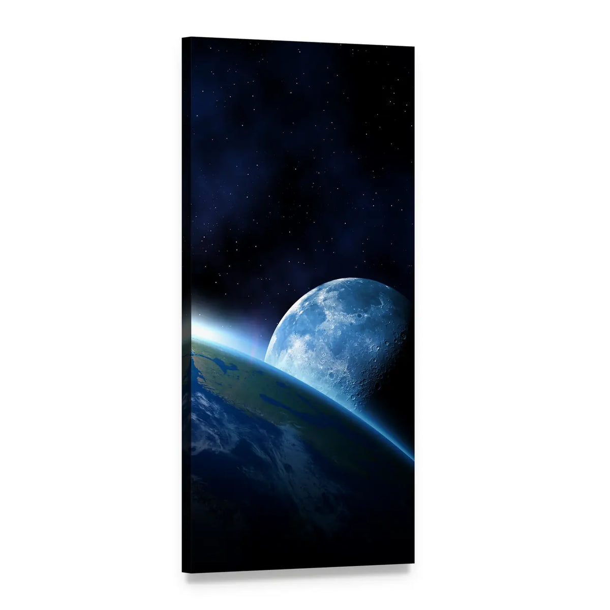 Earth and Moon Over Blue Horizon Vertical Canvas Wall Art, 1 panel 1 Vertical layout gallery wrapped canvas set, angled product view