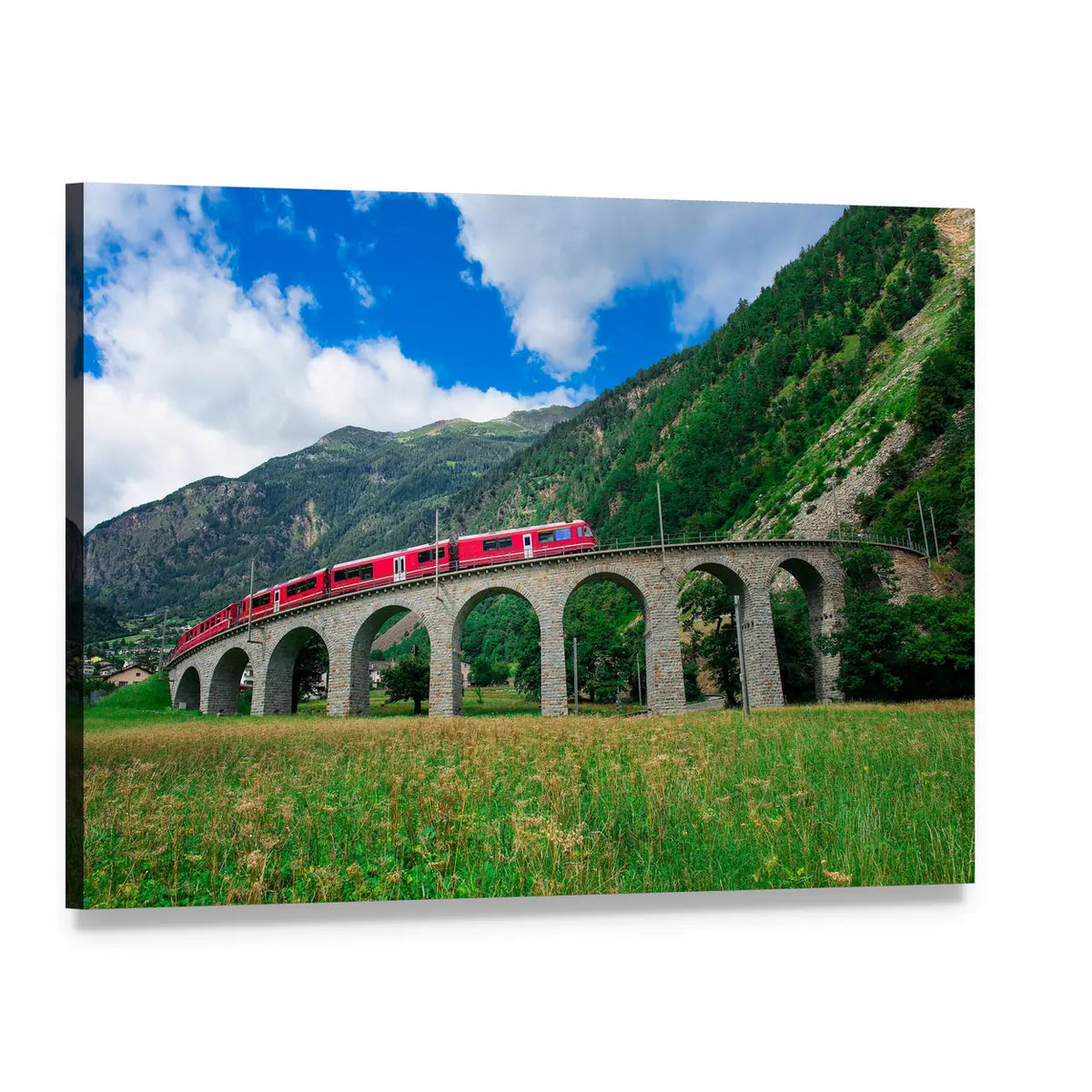 Red Bernina Mountain Train, Switzerland Canvas Wall Art, single panel gallery wrapped canvas, angled product view