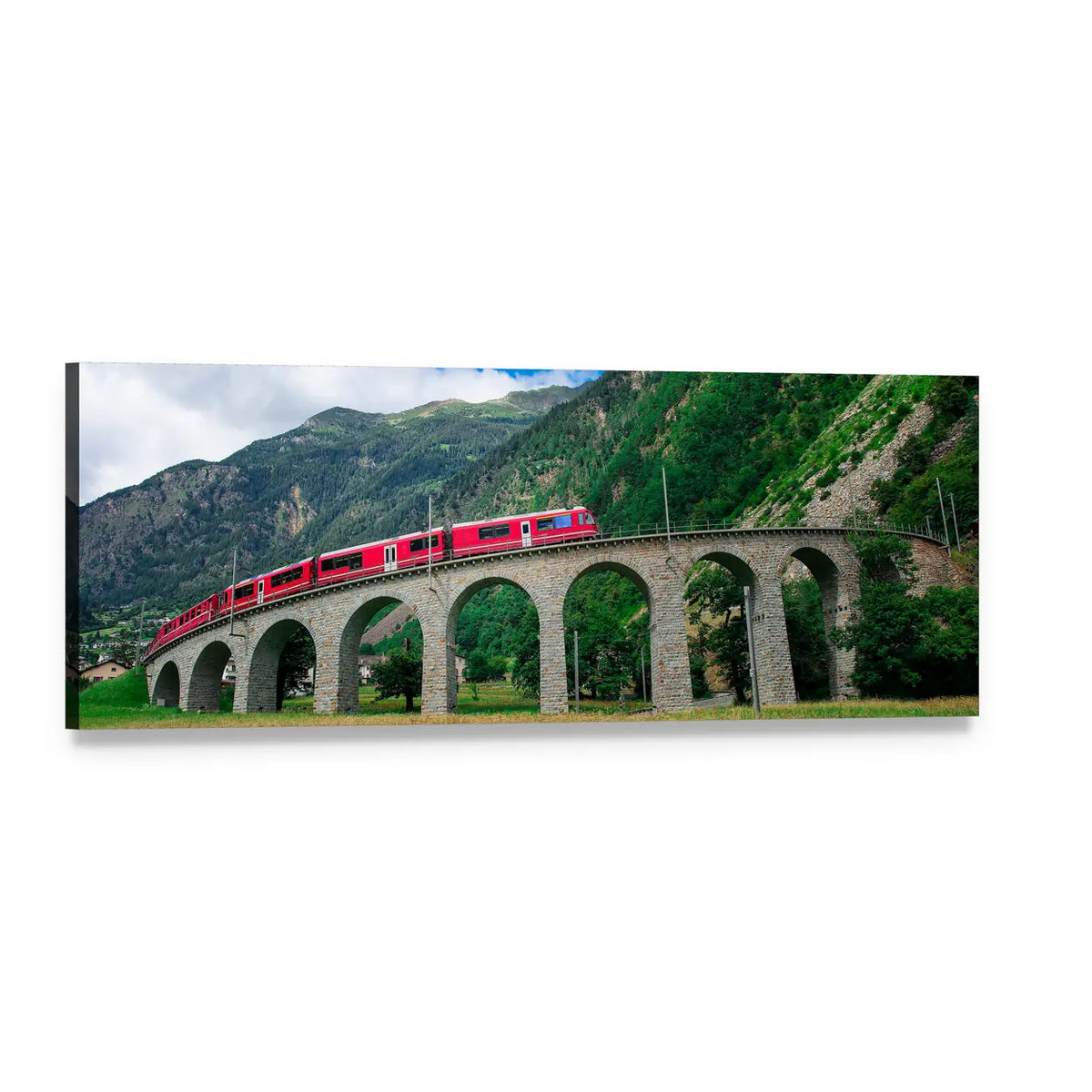 Swiss Mountain Train on Stone Viaduct Panoramic Canvas Wall Art, single panel gallery wrapped canvas, angled product view