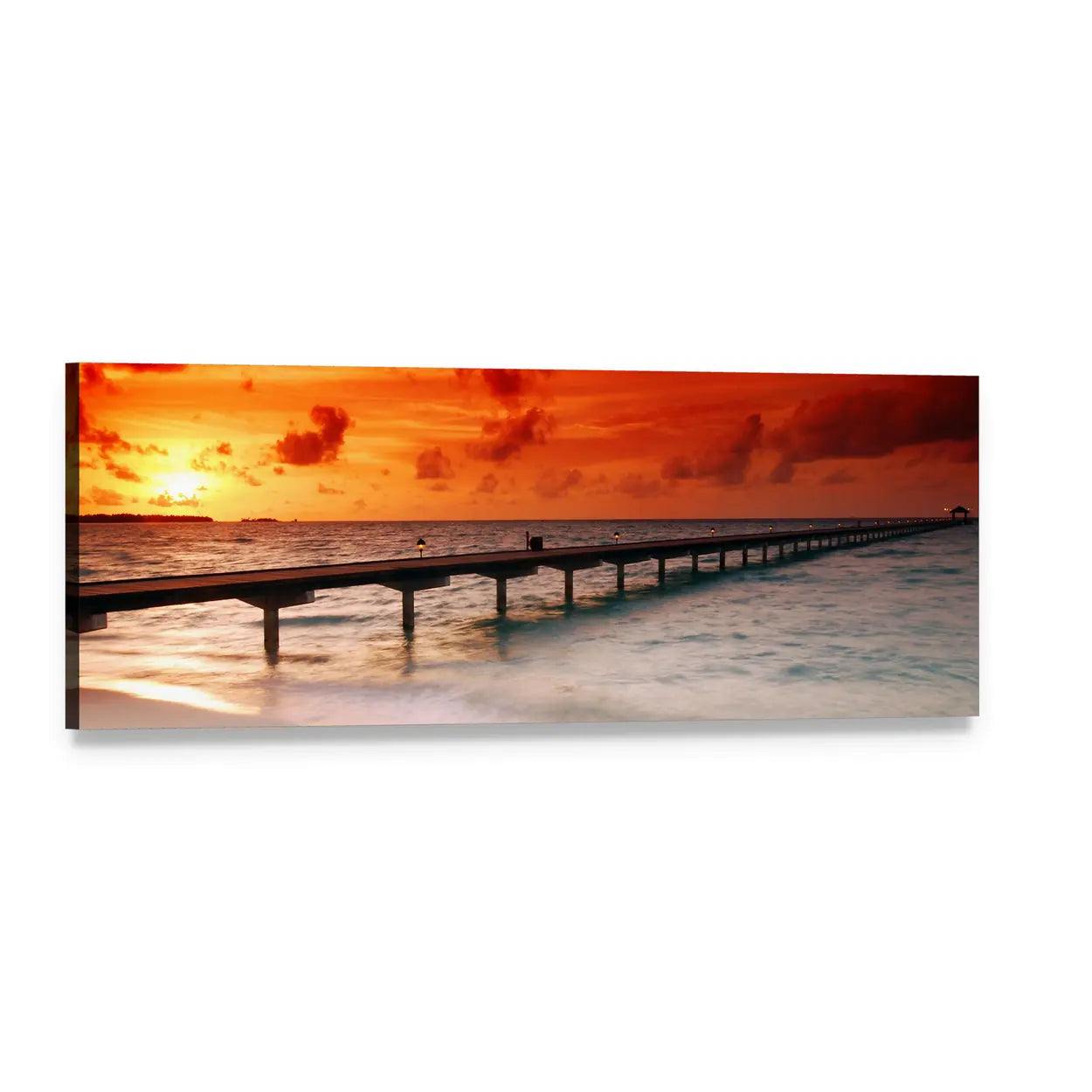 Long Wooden Pier at Sunset Panoramic Canvas Wall Art, single panel gallery wrapped canvas, angled product view