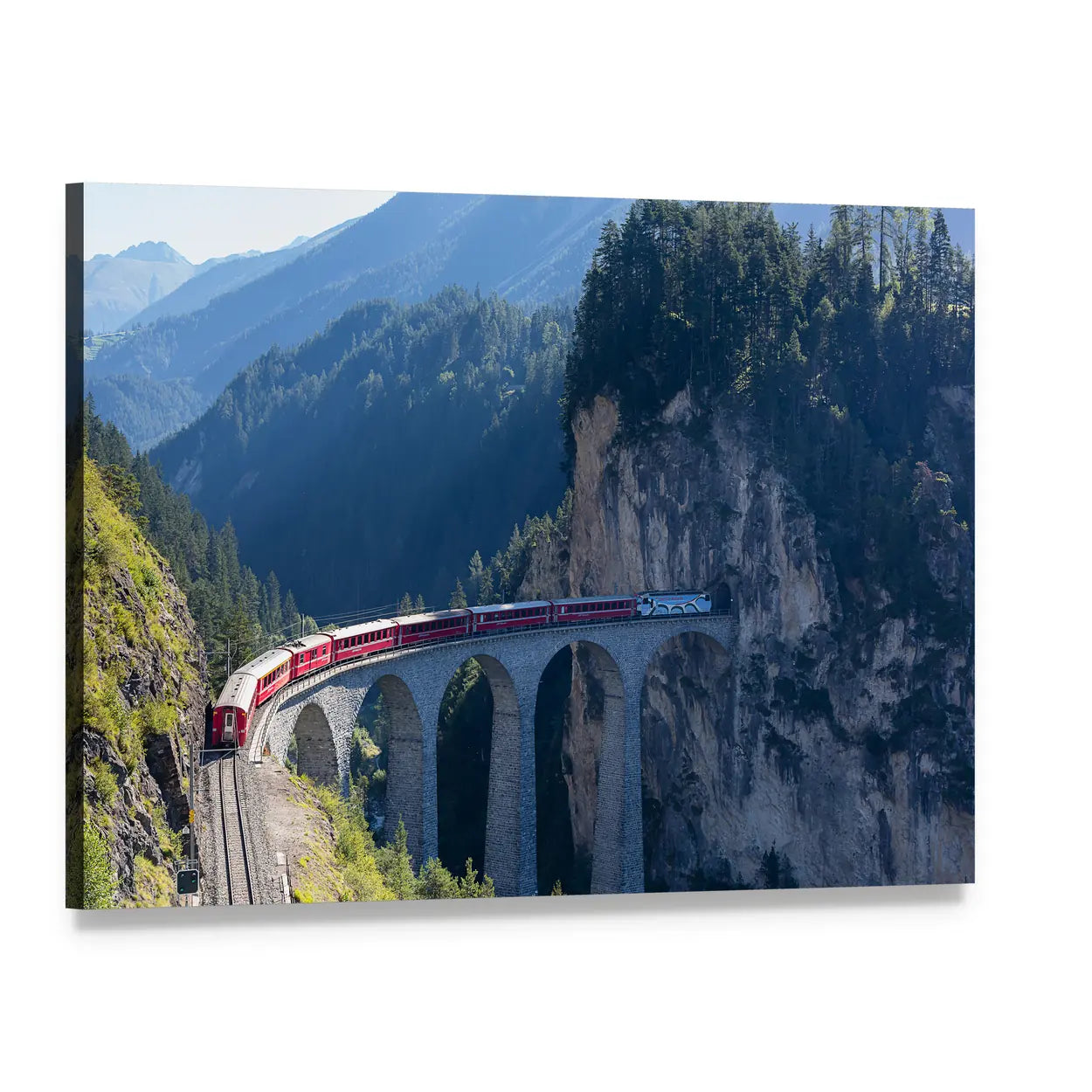 Rhaetian Railway on Landwasser Viaduct Canvas Wall Art, single panel gallery wrapped canvas, angled product view