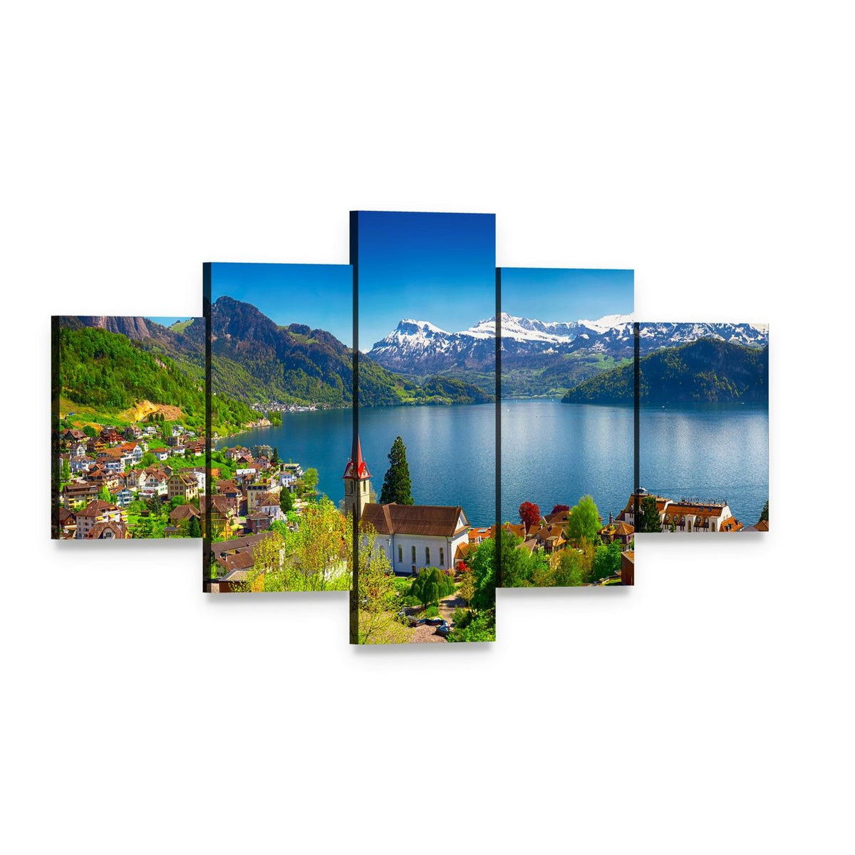 Wegis Village by Lake Lucerne and Pilatus Canvas Wall Art, 5 panel 5 Star layout gallery wrapped canvas set, angled product view