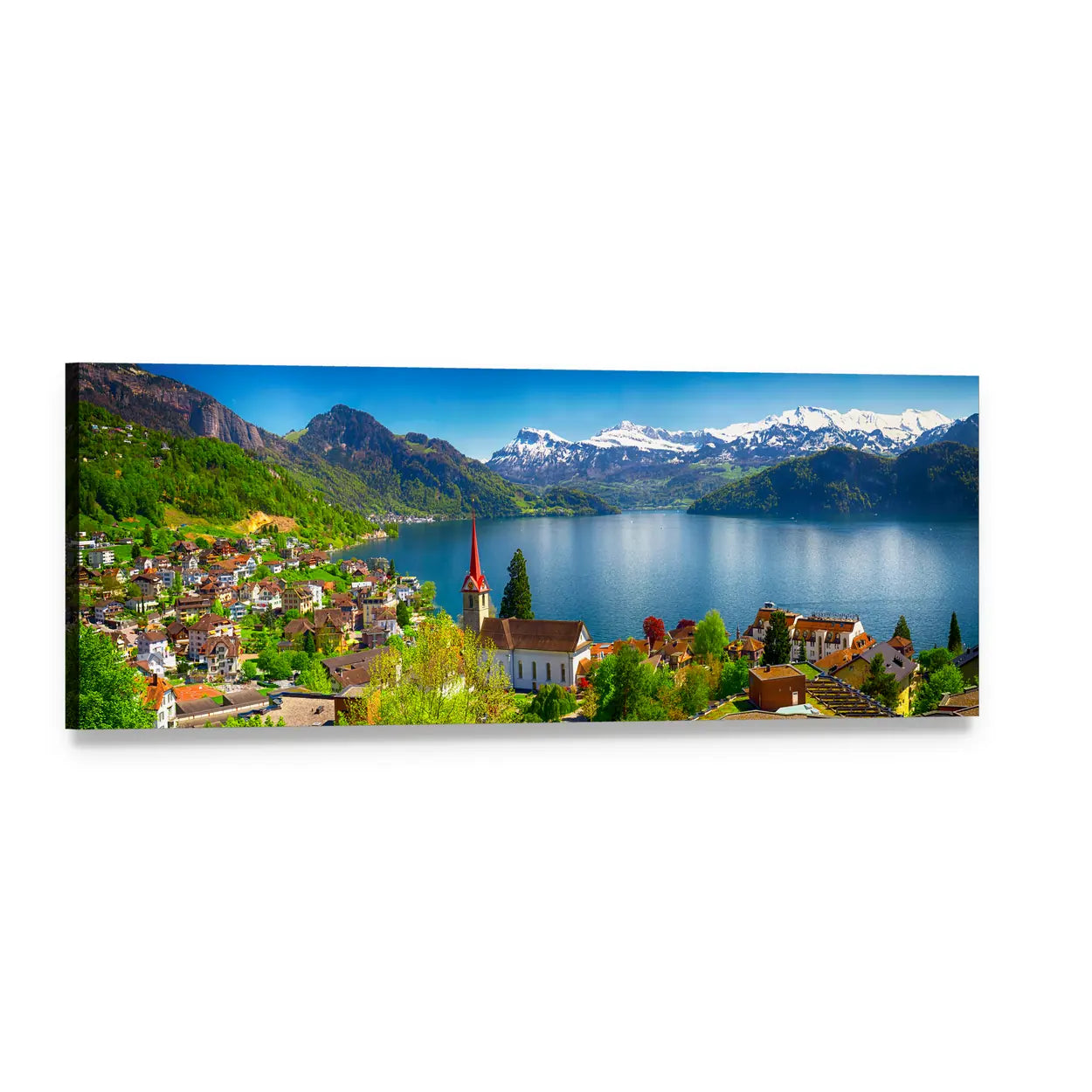 Lakeside Village with Red-spired Church Panoramic Canvas Wall Art, single panel gallery wrapped canvas, angled product view