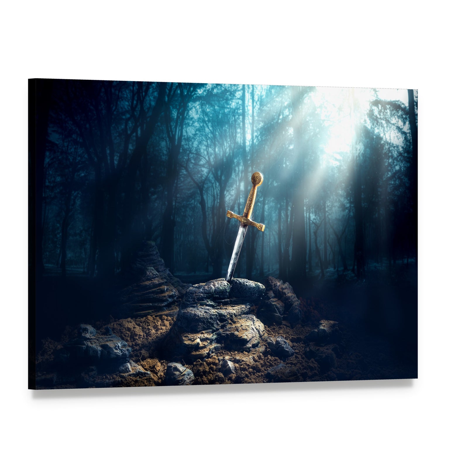 Excalibur Sword in Stone Canvas Wall Art, single panel gallery wrapped canvas, angled product view