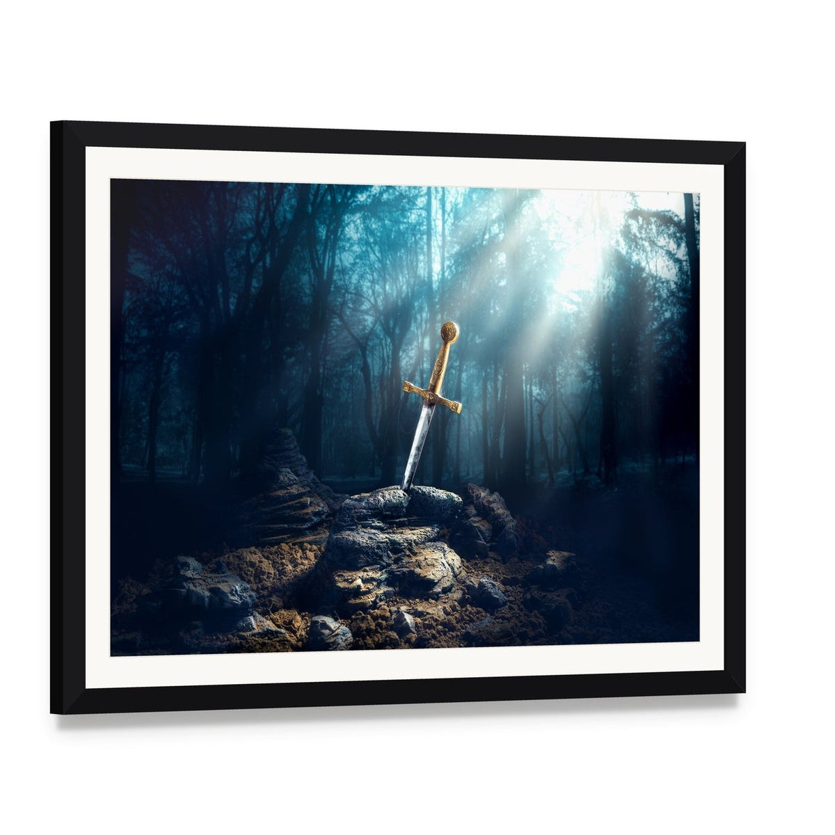 Excalibur Sword in Stone Canvas Wall Art, framed print with white mat and black frame, angled product view