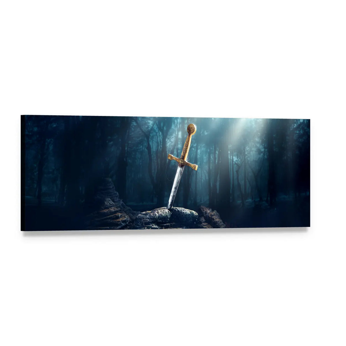 Sword in Stone with Golden Hilt Panoramic Canvas Wall Art, single panel gallery wrapped canvas, angled product view