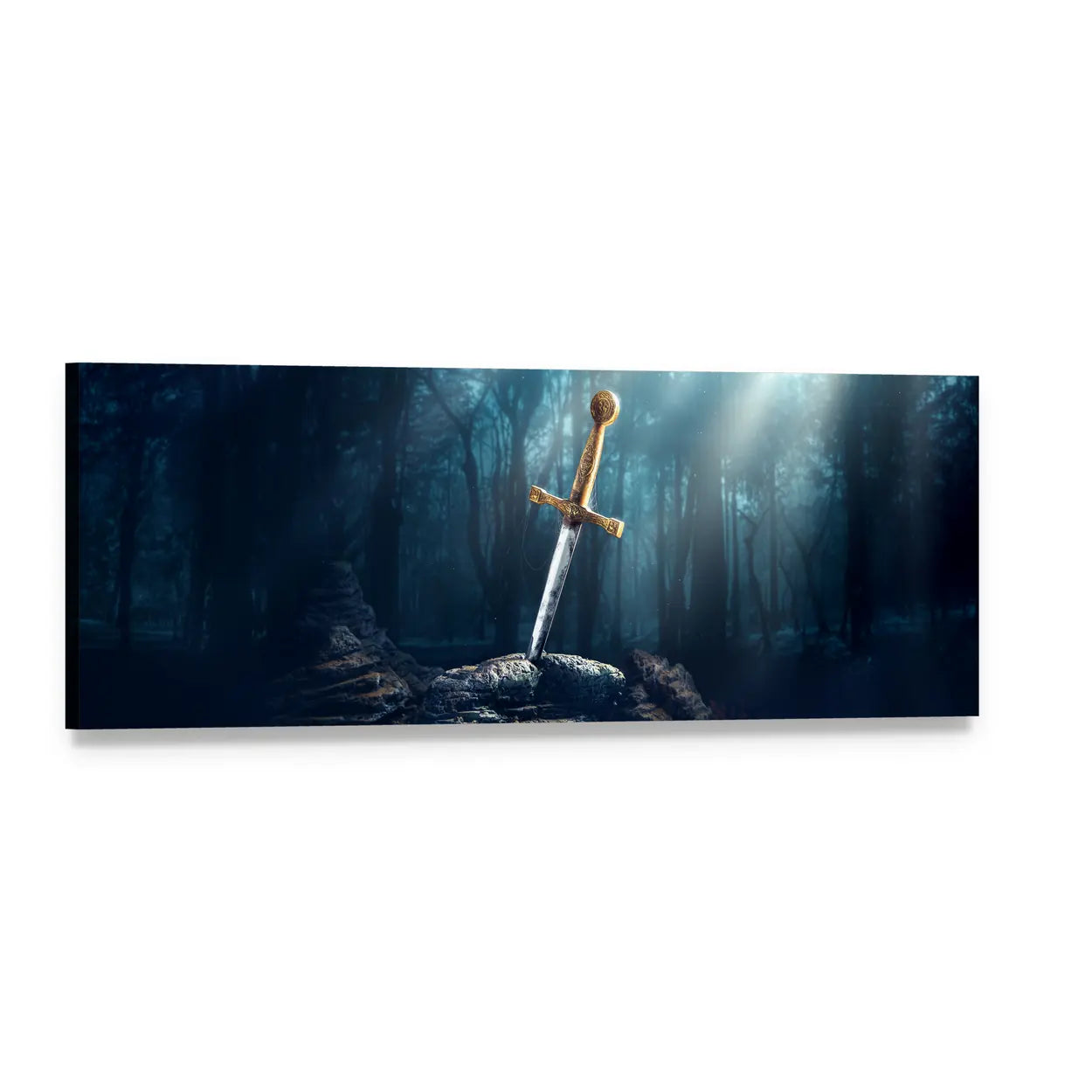 Sword in Stone with Golden Hilt Panoramic Canvas Wall Art, single panel gallery wrapped canvas, angled product view