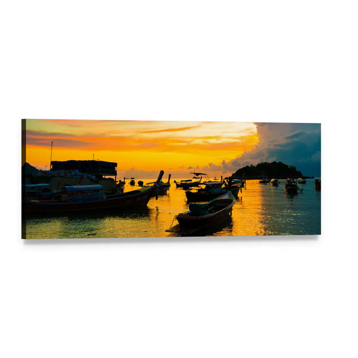 Andaman Sea Sunset with Longtail Boats Panoramic Canvas Wall Art, single panel gallery wrapped canvas, angled product view
