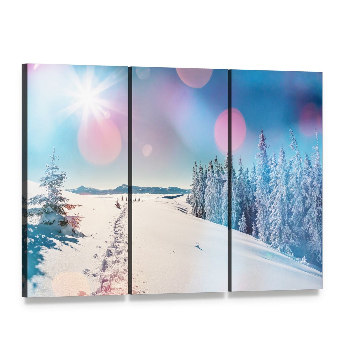 Snowy Path Glowing in Winter Light Canvas Wall Art, 3 panel 3 Horizontal layout gallery wrapped canvas set, angled product view