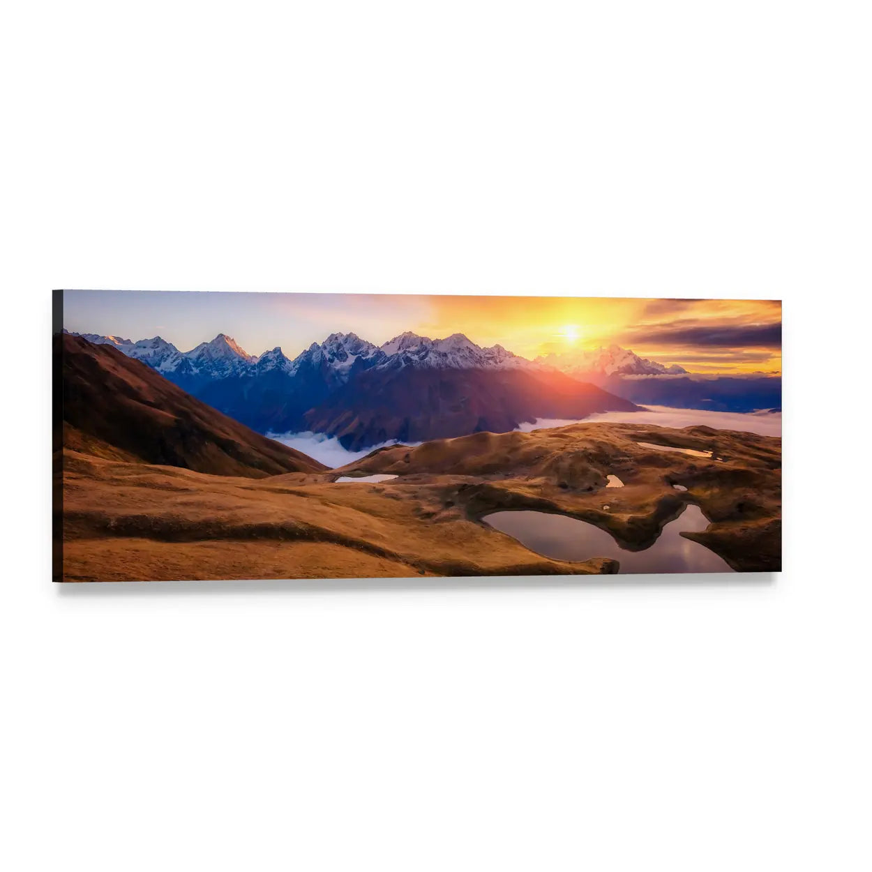 Lake Koruldi Sunrise Over Snow-capped Peaks Panoramic Canvas Wall Art, single panel gallery wrapped canvas, angled product view