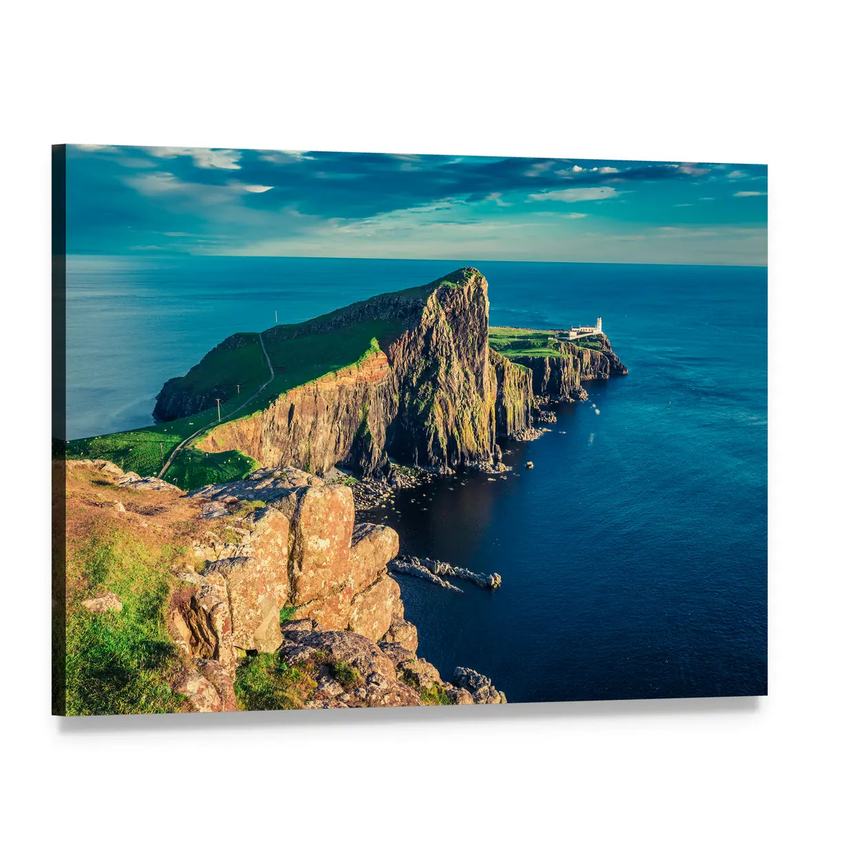 Neist Point Lighthouse at Sunset Canvas Wall Art, single panel gallery wrapped canvas, angled product view