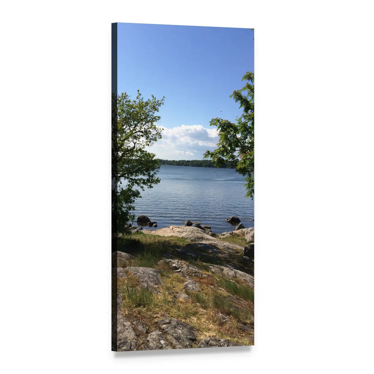Blue Summer Lake Sweden Vertical Canvas Wall Art, 1 panel 1 Vertical layout gallery wrapped canvas set, angled product view
