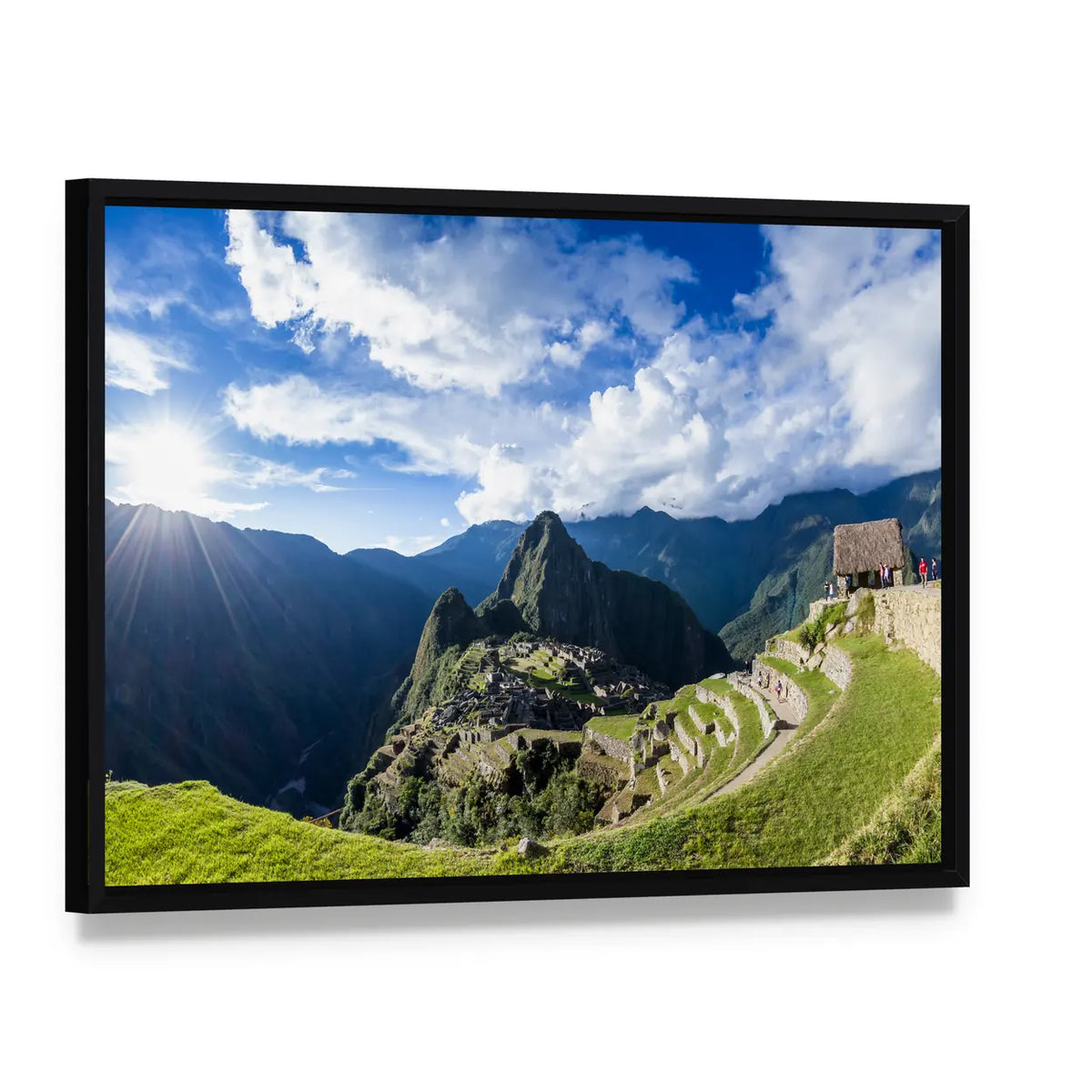 Sunlit Machu Picchu Terraces Canvas Wall Art, framed canvas in a black floater frame, angled product view