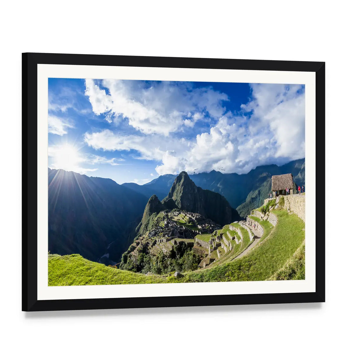 Sunlit Machu Picchu Terraces Canvas Wall Art, framed print with white mat and black frame, angled product view