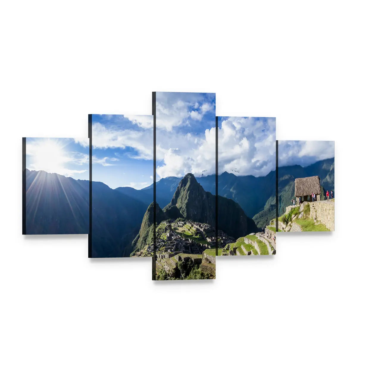 Sunlit Machu Picchu Terraces Canvas Wall Art, 5 panel 5 Star layout gallery wrapped canvas set, angled product view