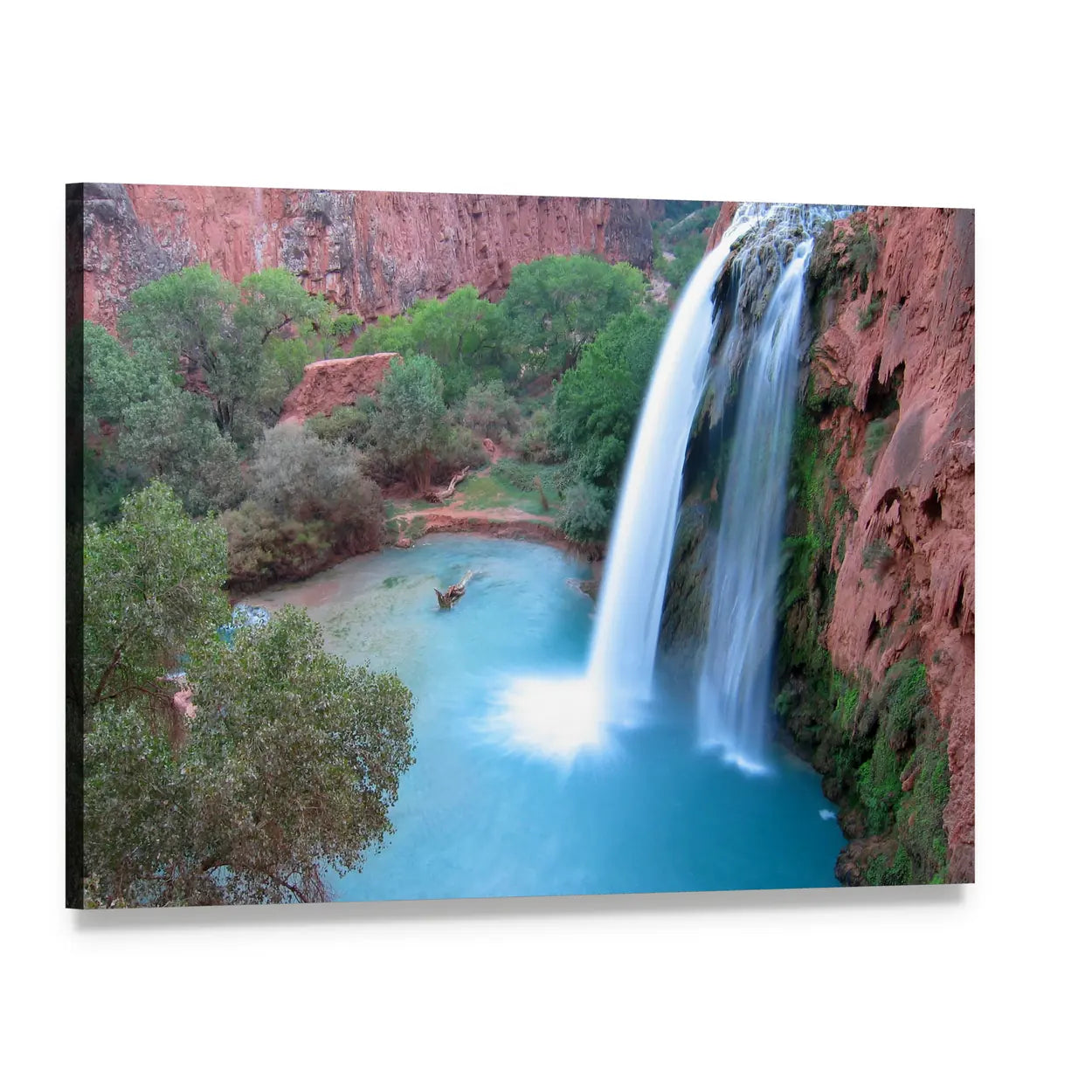 Havasu Falls Turquoise Pool and Red Rocks Canvas Wall Art, single panel gallery wrapped canvas, angled product view