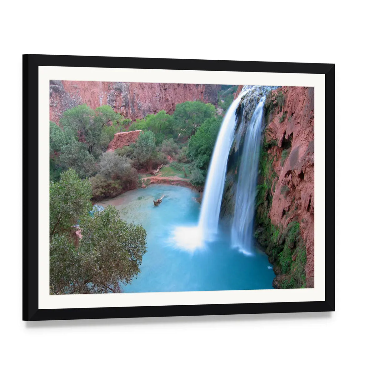Havasu Falls Turquoise Pool and Red Rocks Canvas Wall Art, framed print with white mat and black frame, angled product view