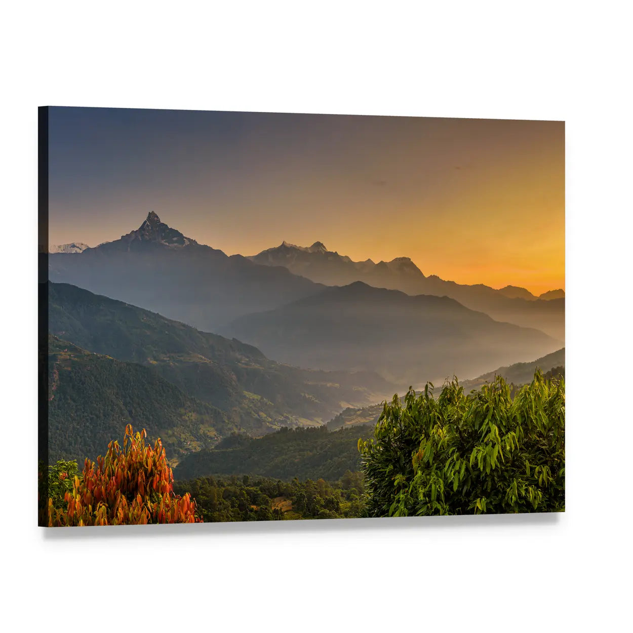 Sunrise Over Himalaya Mountains Near Pokhara Nepal Canvas Wall Art, single panel gallery wrapped canvas, angled product view