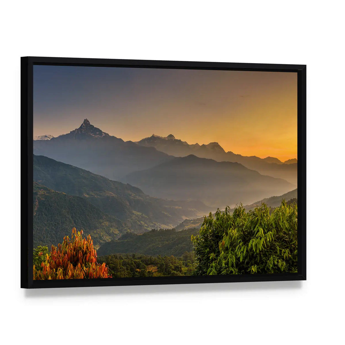 Sunrise Over Himalaya Mountains Near Pokhara Nepal Canvas Wall Art, framed canvas in a black floater frame, angled product view