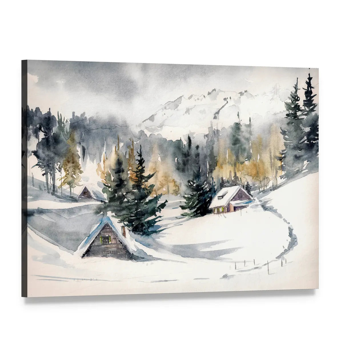 Snowy Mountain Village Canvas Wall Art, single panel gallery wrapped canvas, angled product view