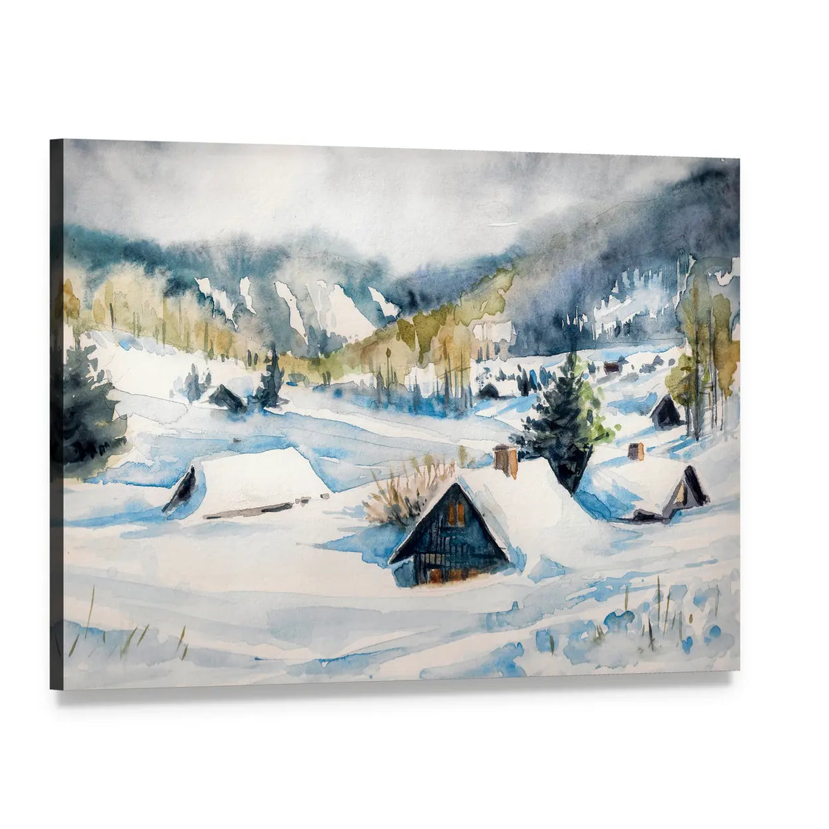 Snowy Mountain Village Canvas Wall Art, single panel gallery wrapped canvas, angled product view