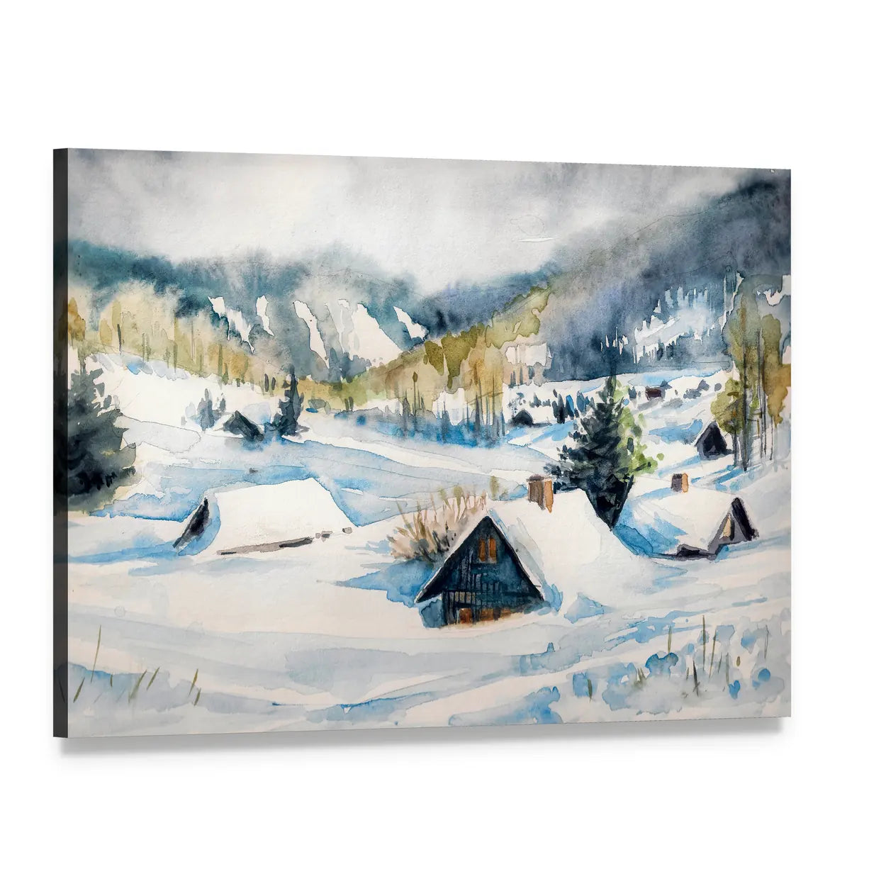 Snowy Mountain Village Canvas Wall Art, single panel gallery wrapped canvas, angled product view