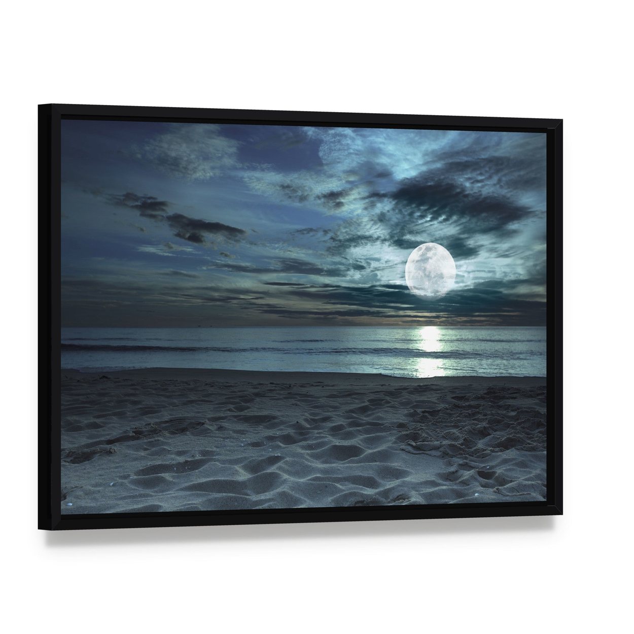 Beach at Twilight Time Canvas Wall Art, framed canvas in a black floater frame, angled product view