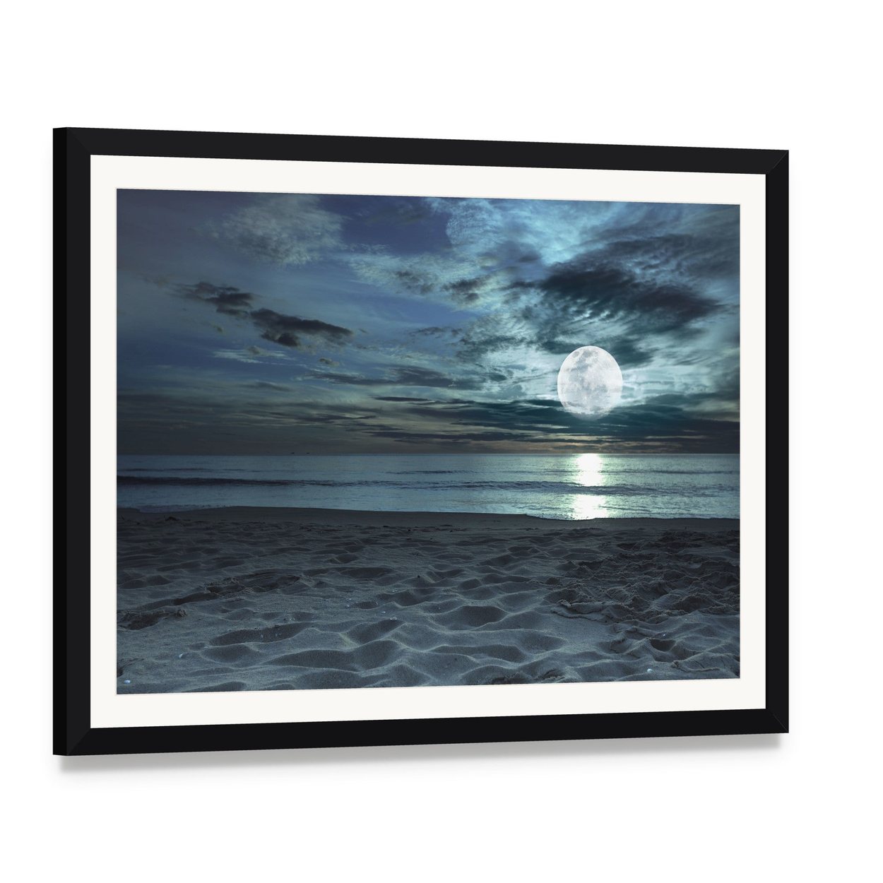 Beach at Twilight Time Canvas Wall Art, framed print with white mat and black frame, angled product view