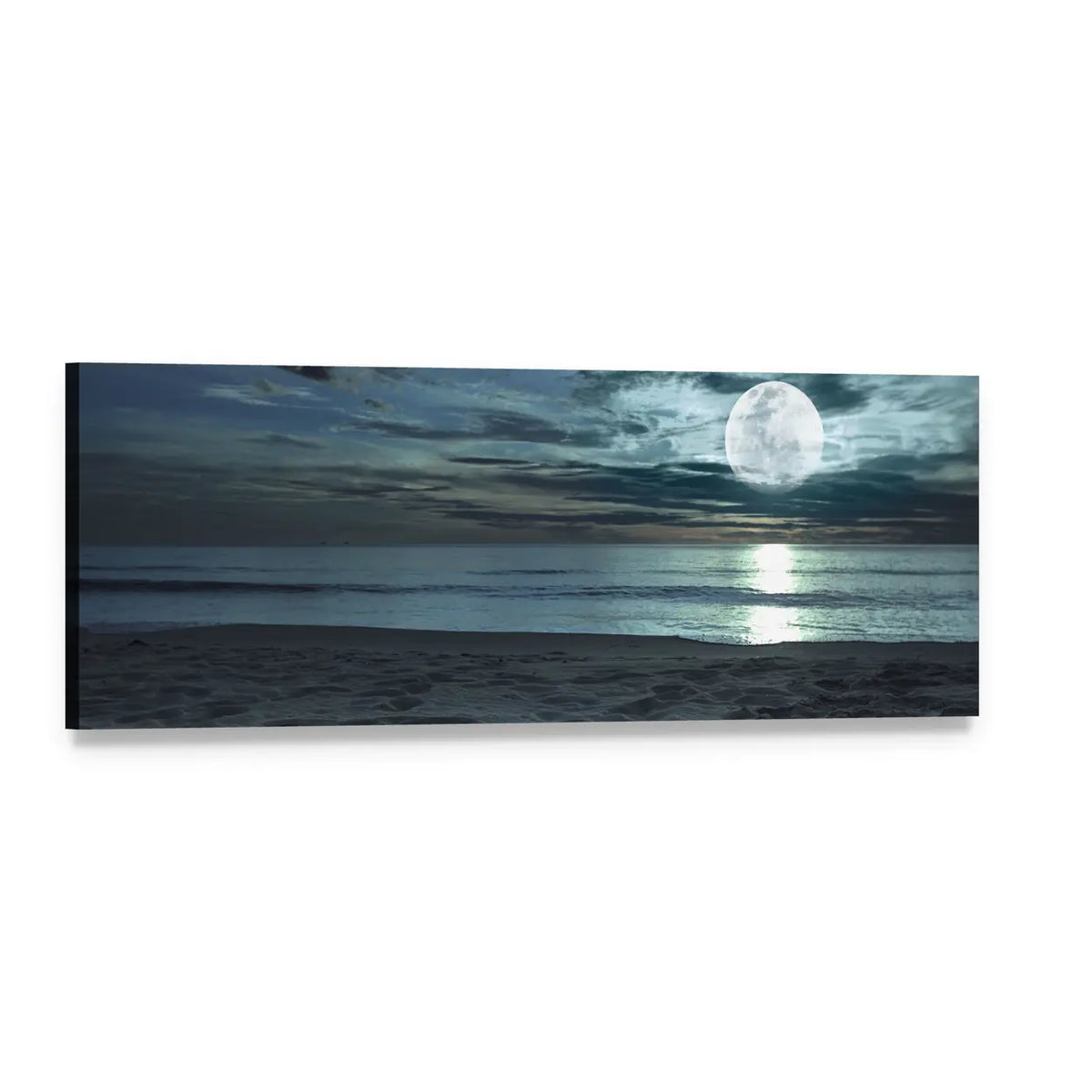 Moonlit Beach at Twilight Panoramic Canvas Wall Art, single panel gallery wrapped canvas, angled product view