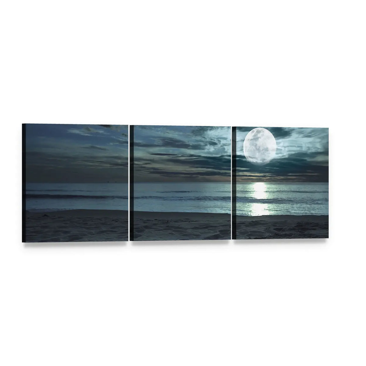 Moonlit Beach at Twilight Panoramic Canvas Wall Art, 3 panel 3 Piece layout gallery wrapped canvas set, angled product view