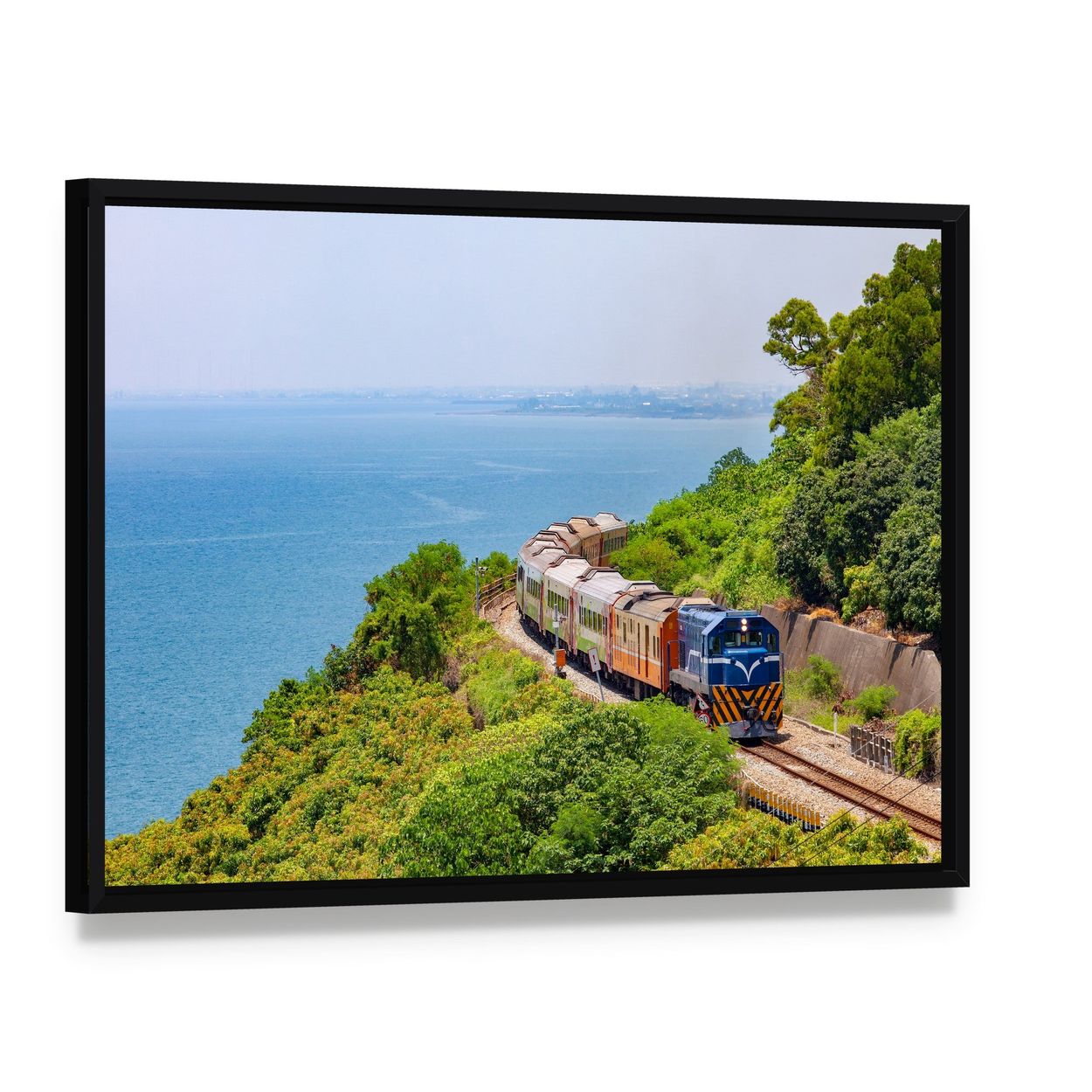 Train on the Railway Near Fangshan Station Canvas Wall Art, framed canvas in a black floater frame, angled product view
