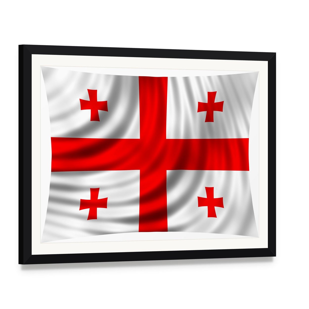 Georgian Flag with Wavy Texture Canvas Wall Art, framed print with white mat and black frame, angled product view
