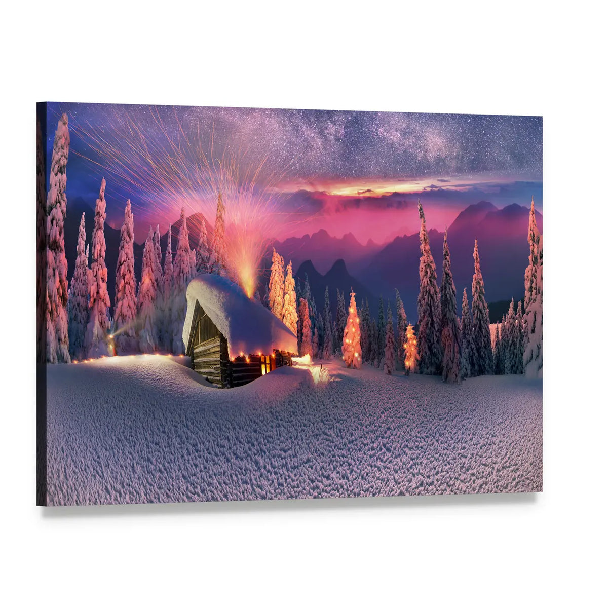 Snow-covered Cabin Under Milky Way Canvas Wall Art, single panel gallery wrapped canvas, angled product view