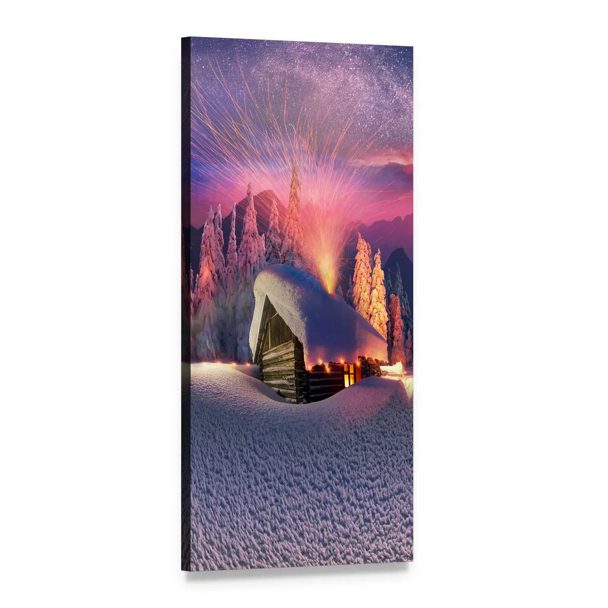 Snowy Alpine Cabin Under Aurora Sky Vertical Canvas Wall Art, 1 panel 1 Vertical layout gallery wrapped canvas set, angled product view