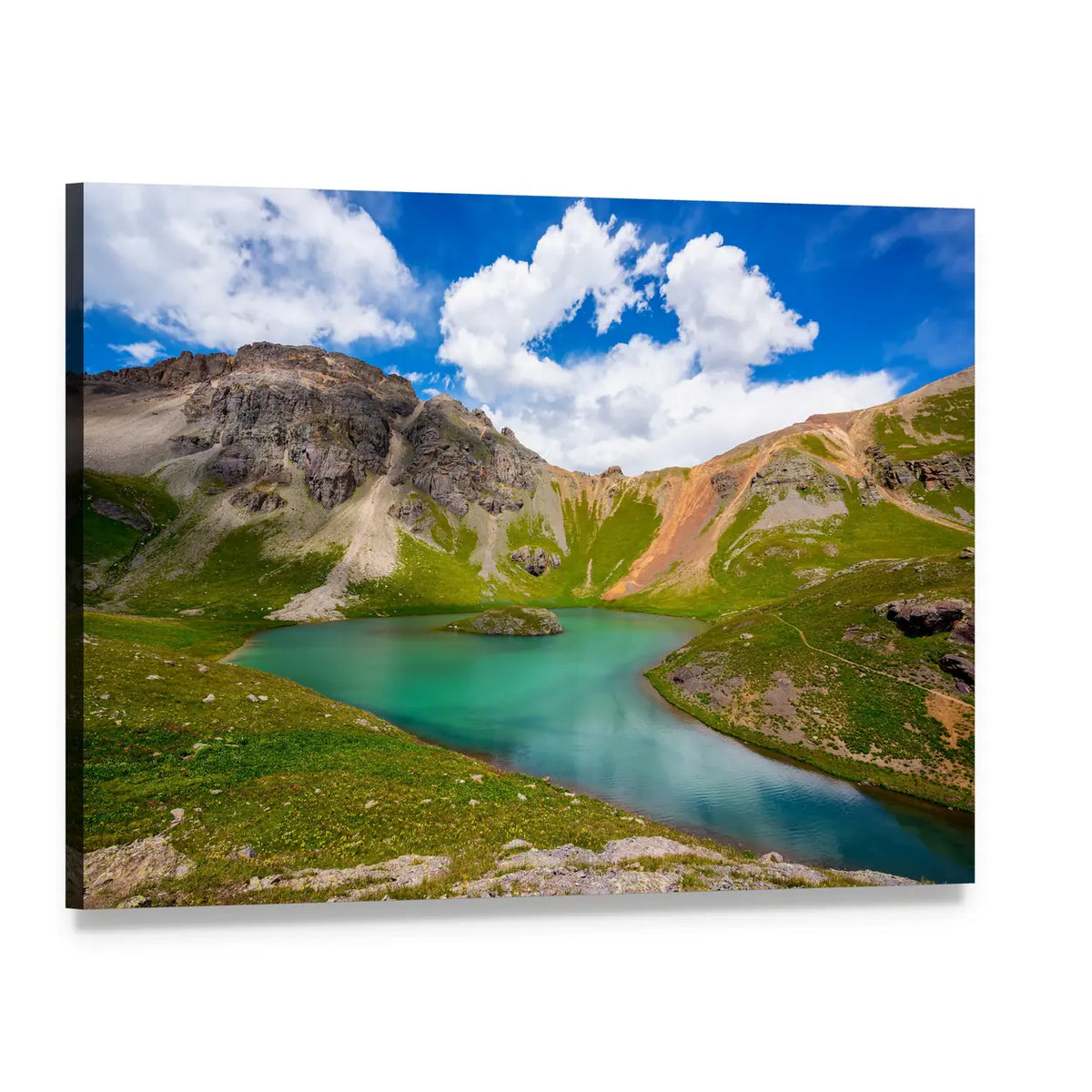 Turquoise Mountain Lake in Alpine Scenery Canvas Wall Art, single panel gallery wrapped canvas, angled product view