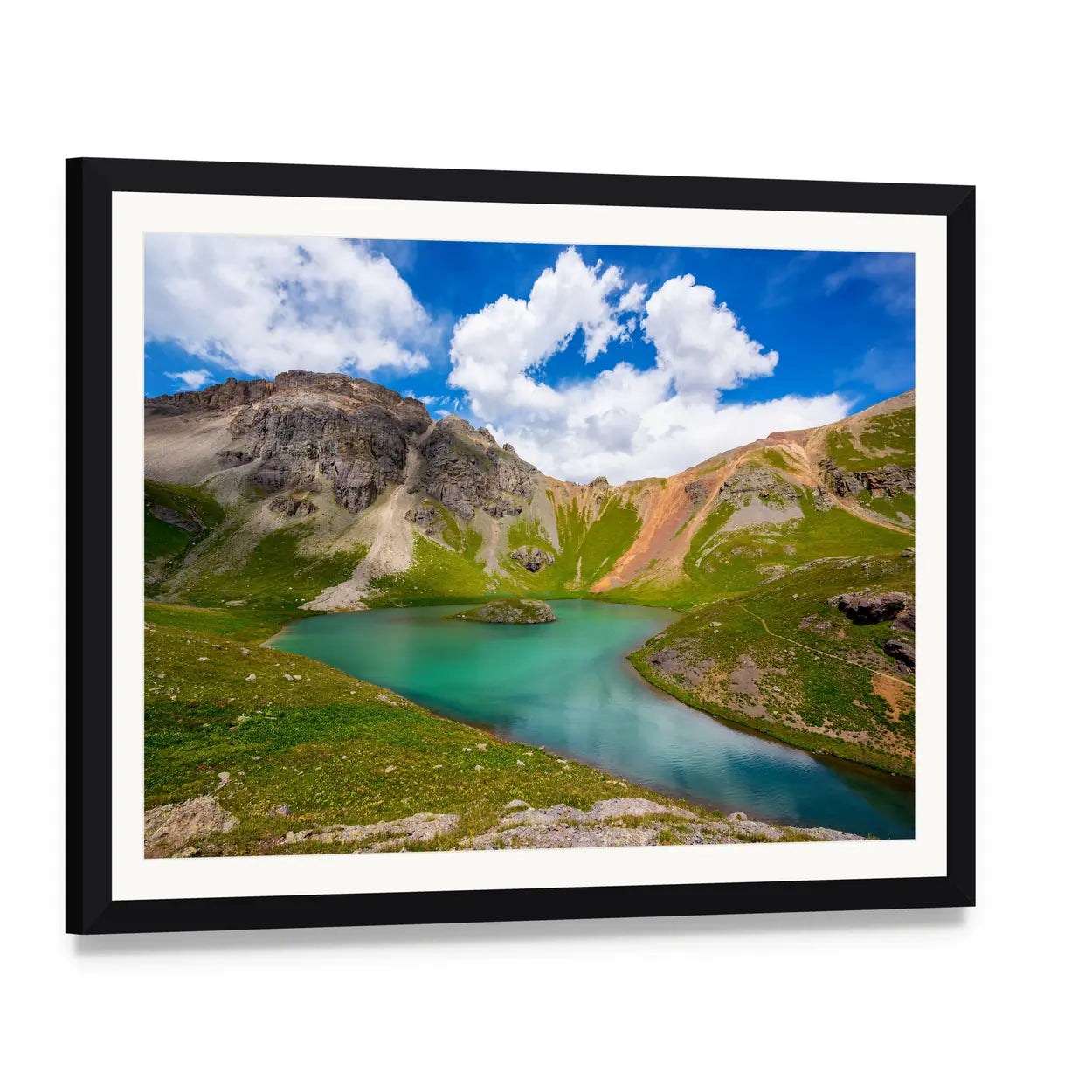 Turquoise Mountain Lake in Alpine Scenery Canvas Wall Art, framed print with white mat and black frame, angled product view