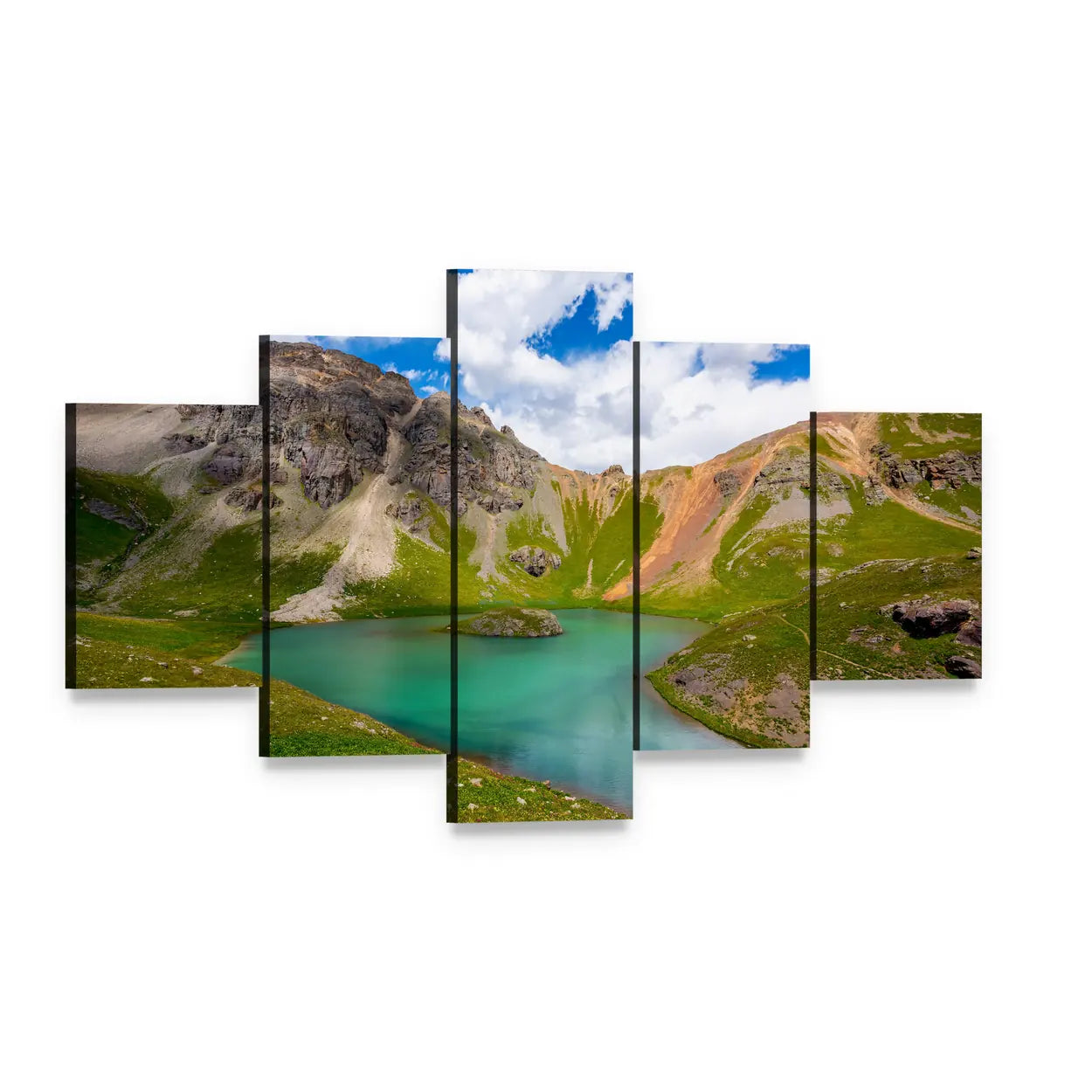 Turquoise Mountain Lake in Alpine Scenery Canvas Wall Art, 5 panel 5 Star layout gallery wrapped canvas set, angled product view