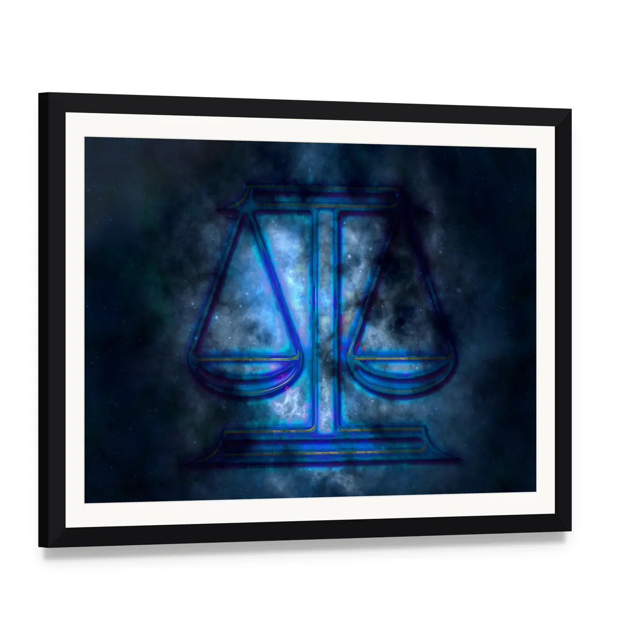 Libra Scales in Cosmic Nebula Canvas Wall Art, framed print with white mat and black frame, angled product view
