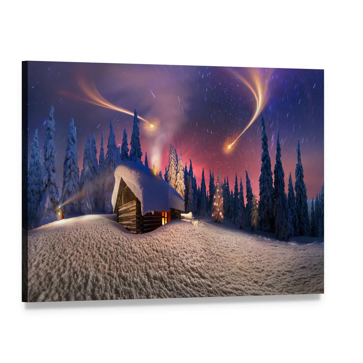 Log Cabin Under Aurora Night Sky Canvas Wall Art, single panel gallery wrapped canvas, angled product view