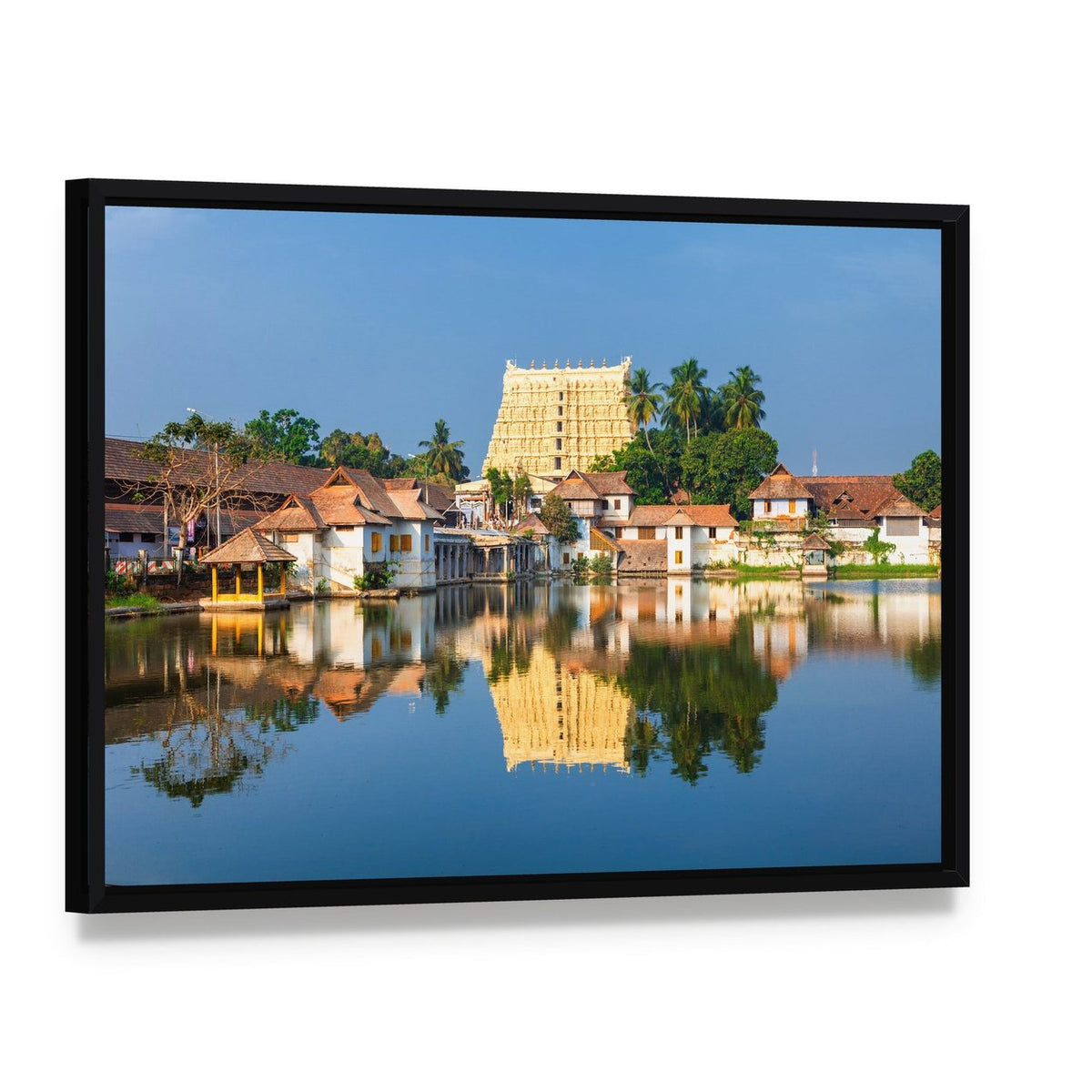 Thiruvananthapuram Temple Reflection Canvas Wall Art, framed canvas in a black floater frame, angled product view
