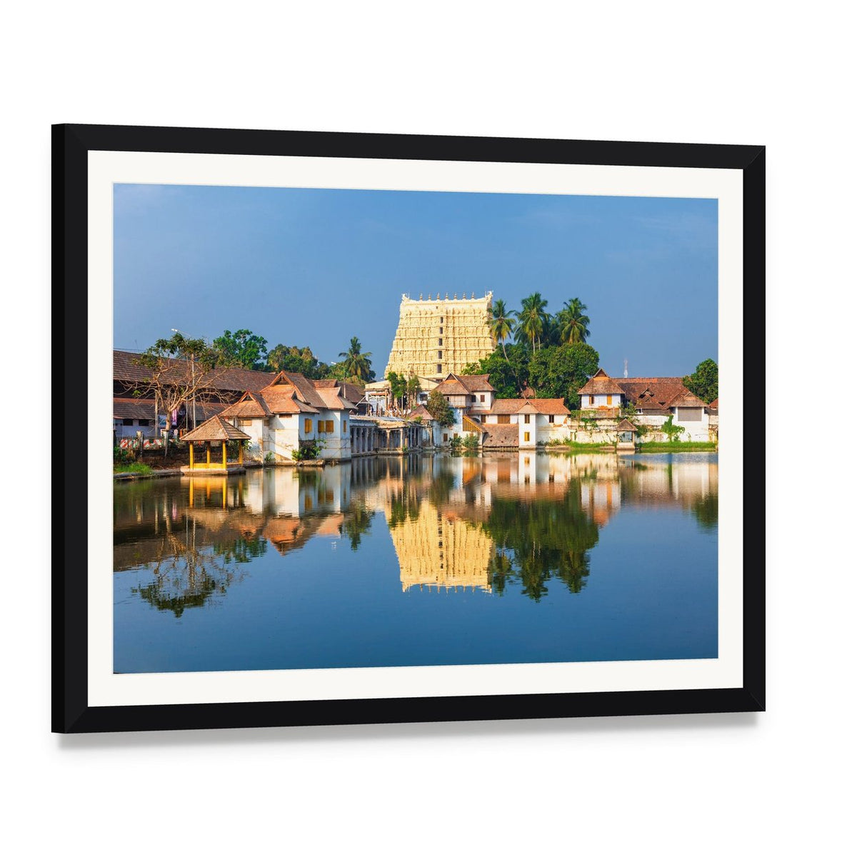 Thiruvananthapuram Temple Reflection Canvas Wall Art, framed print with white mat and black frame, angled product view